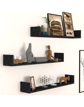 Tyrion Megapap 3 pieces melamine wall shelves in black marble effect color 90x15x12cm.