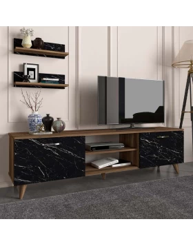 Geacles Megapap melamine tv stand in walnut - black marble effect color 180x40x50cm.