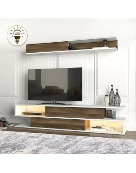 Manet Megapap melamine TV unit with LED in white - walnut color 180x29,5x39cm.