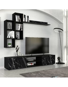 Duana Megapap melamine TV unit in black marble effect - black color 180x38x35,7cm.