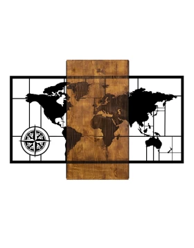 World Map Megapap wooden - metal wall art in walnut - black color 85x3x58cm.