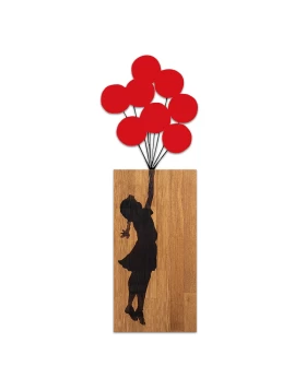 Girl with Balloons Megapap wooden - metal wall art in walnut - red color 36x3x100cm.