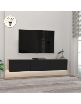 Έπιπλο τηλεόρασης επιτοίχιο Damla Megapap με LED χρώμα sapphire oak - μαύρο 180x29,5x29,5εκ.