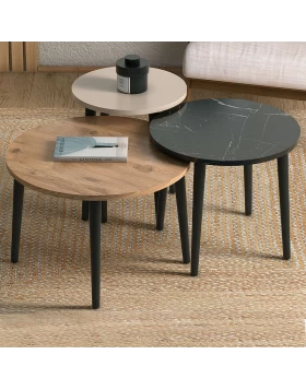 Roma Megapap melamine coffee table set of 3 in oak - black marble effect - cream color Φ60x46cm.