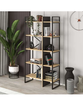 Detroit Megapap melamine bookcase in silky black - sapphire oak color 87.5x35.2x175cm.