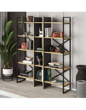 Detroit Megapap melamine bookcase in silky black - sapphire oak color 143,5x35.2x175cm.