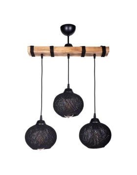 Sirmione Megapap E27 wooden/rope ceiling three-light in black - natural color 49x17x75cm.